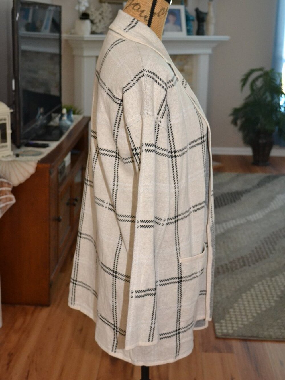 LOFT New Windowpane plaid sweater jacket blazer Cream/black Cotton cardigan L - Picture 3 of 10